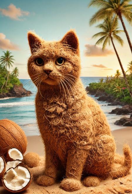 Movie scene, pamcocomat, a cat made out of coconut, in a beach, tropical beach, Hawaiian wear, sunset, detailed, DSLR