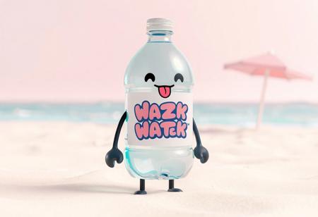 A cute, semi-melted plastic water bottle character standing on a soft pastel beach. The bottle is half-empty, with a clear, glossy texture and simple cartoonish eyes (tiny black dots), a droopy open mouth with its tongue sticking out from the heat. It has soft, black stick arms and legs ending in rounded blob-like hands and feet. The bottle’s label is warped and bubbly, featuring bright bubble-style Y2K fonts. The beach is stylized and minimal: smooth sand, soft waves, bright umbrella silhouettes. Rendered in 3D kawaii blob style, with soft shadows, matte reflections, and toy-like textures. The scene has a vaporplastic color palette: pastel pinks, sky blue, mint green, and glossy white. Slight lens blur and bloom effects enhance the toy-like feel.