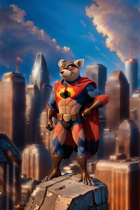 cartoon character, a brave badger, superhero costume, on the roof of a skyscraper, dangerous, saving the city, save the day, animal superhero <lora:PIXAR_0.2:0.8> <lora:NU3d_V2:0.6> <lora:ANTH_v1_:0.45>