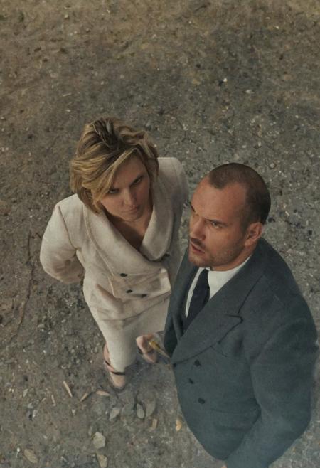 shot from above,50s Film thriller,  full body shot, panoramic view (((mia malkova  and Fiona Bruce angry face talking to Fredrik Ljungberg ,with a shadow on her face casting shadow style cucoloris patterned illumination, shallow depth of field, vignette, highly detailed, high budget, bokeh, cinema scope, moody, epic, gorgeous, film grain, grainy.,digital artwork by  "moebius"