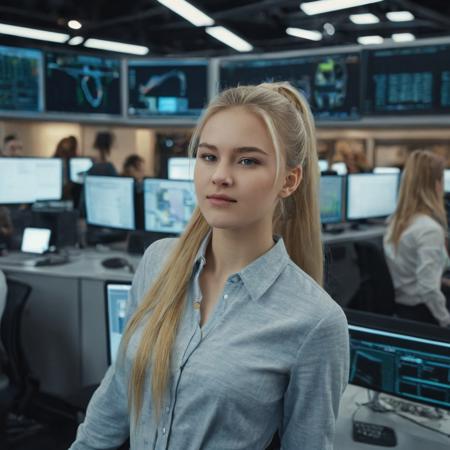 An beautiful 20yo Russian girl with long light blonde hair in a top ponytail, wearing casual but very feminine dress. Standing in a command center with people working on computers in the background and large overhead tactical computer screens.
(masterpiece) (best quality) (detailed) (8k) (HDR)