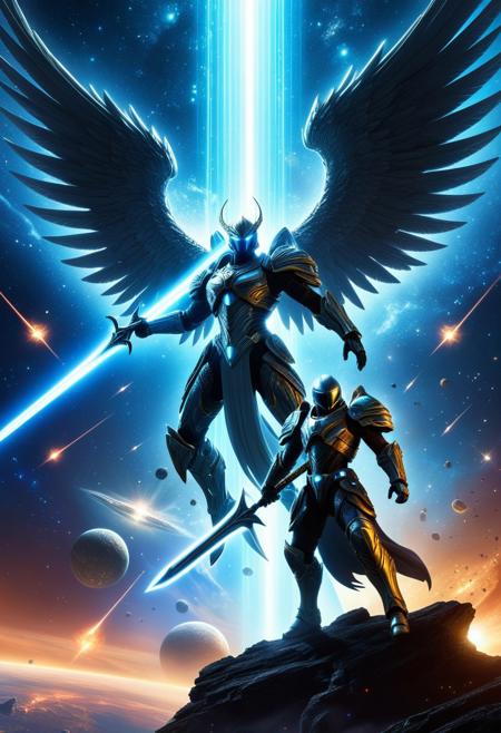 Depict an epic battle between an ethereal angel of Earth and a towering alien warrior from a distant galaxy. The angel, 
with radiant wings made of shimmering light, 
wields a sword forged from the essence of nature, 
glowing with the power of the planet. Opposite her, 
the alien warrior, 
clad in dark, 
biomechanical armor, 
stands tall with an energy weapon pulsing with the power of distant stars. angel and alien clash in a floating arena suspended in space, 
with nebulae and asteroids swirling around them, 
as Earth’s essence collides with cosmic force in a dramatic showdown
