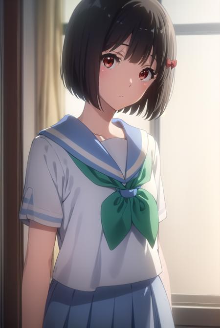 kanadehisaishi, <lora:kanade hisaishi movie-lora-nochekaiser:1>,
kanade hisaishi, short hair, bangs, black hair, (red eyes:1.3), bow, hair bow, red bow,
BREAK skirt, shirt, school uniform, white shirt, short sleeves, pleated skirt, serafuku, sailor collar, blue skirt, neckerchief, blue sailor collar, school bag, (green neckerchief:1.2), kitauji high school uniform,
BREAK indoors, classroom,
BREAK looking at viewer, (cowboy shot:1.5),
BREAK <lyco:GoodHands-beta2:1>, (masterpiece:1.2), best quality, high resolution, unity 8k wallpaper, (illustration:0.8), (beautiful detailed eyes:1.6), extremely detailed face, perfect lighting, extremely detailed CG, (perfect hands, perfect anatomy),