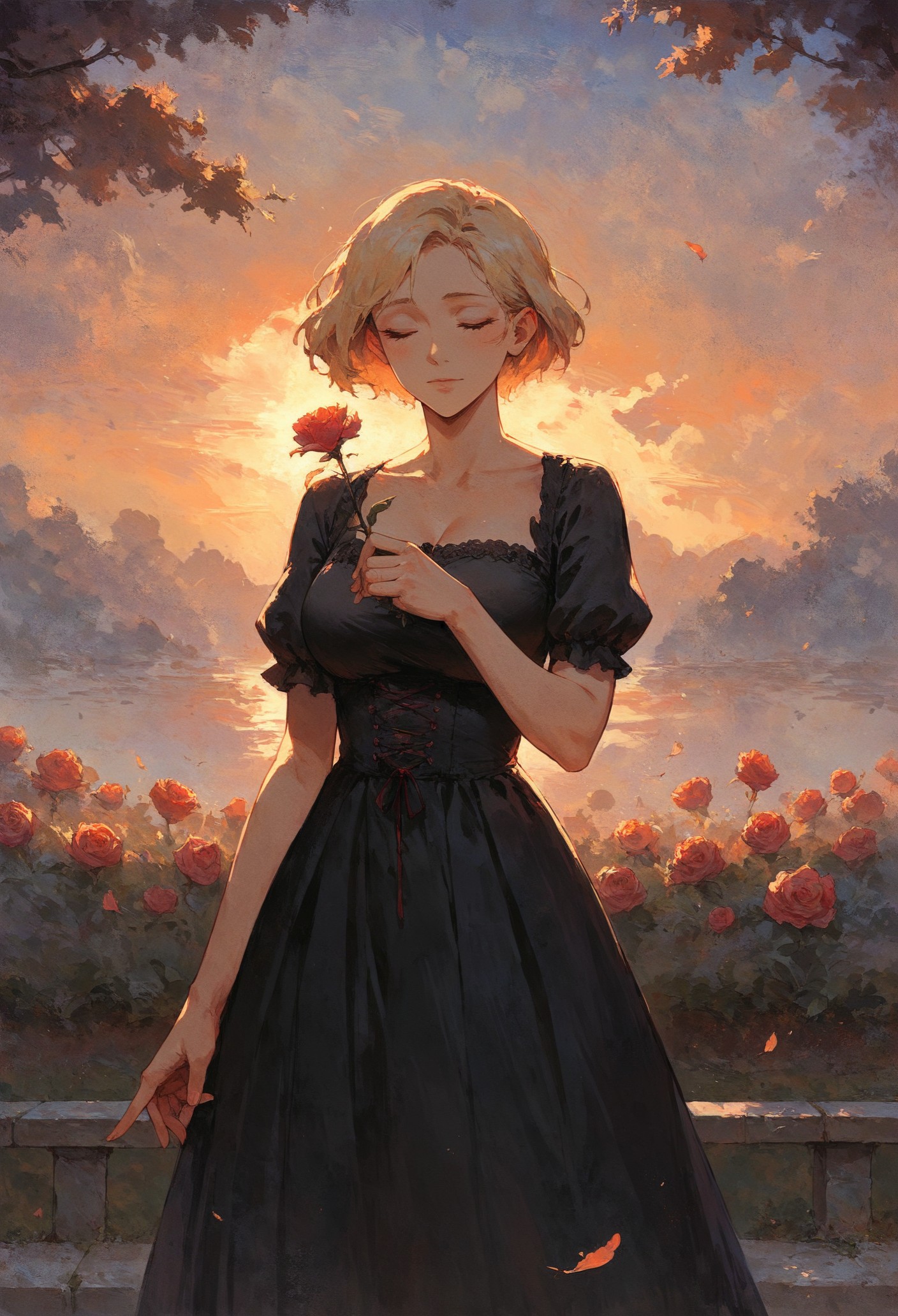 score_9, score_8_up, score_7_up,  1girl, holding a flower in her hand and handing over to the viewer, black dress, black l...
