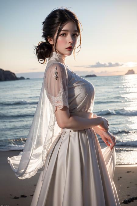 1girl,solo,makeup,closed mouth ,
 4::  standing, 
looking at viewer,beach,ocean,sunrise,turtleneck,(pleated skirt),
(50mm Sigma f/1.4 ZEISS, F1.4, 1/800s, ISO 100, photography:1.1), delicate, masterpiece, beautiful detailed, colourful, finely detailed, detailed lips, intricate details, large breasts, 1 woman,
  <lora:XuJ1ao:0.7 >