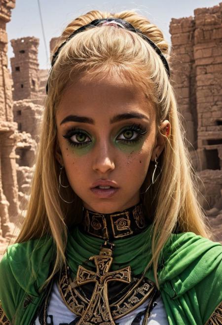 , solo, portrait of goodisis, goodnes ornate, egypt, ruins, energy, aura, dust, debris, Face looking, tanned skin, women, Ankh Cross, wings, ankh, Black Eyeliner Ariana Grande-Butera cyber punk blond Ariana Grand-Butera red army thin transparent wet green cloth