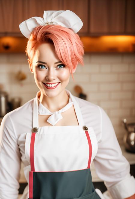 a closeup portrait of a playful maid, undercut hair, apron, amazing body, pronounced feminine feature, busty, kitchen, [ash blonde | ginger | pink hair], freckles, flirting with camera