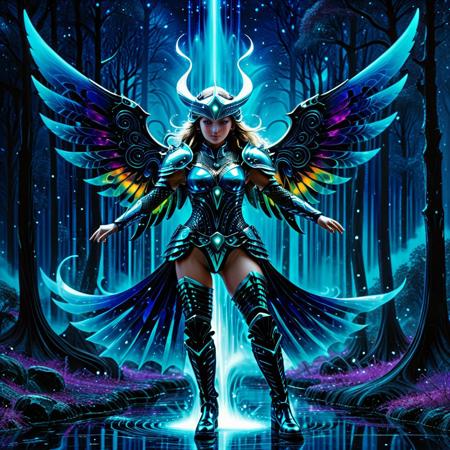 Fractangles, made out of fractangles, Studio Ghibli Dark Fairytale,
An abstract cyberpunk painting depicts a Valkyrie battle maiden hovering over a dark pond. The entire painting is rendered in vibrant phosphorescent blue violet hues against an inky black background. The Valkyrie wears full battle armor consisting of metal plates, greaves, chainmail, and boots. Her long flowing hair and spread wings blend into abstract forms with sharp neon contours and shimmering outlines. Her expressive glowing eyes are visible within her sculptural silhouette, which is highlighted by chiaroscuro lighting effects on her wings, armor, body, and hair. The background features blurred nocturnal landscape elements with smoky trees shrouded in fog and phosphorescent mist particles. The composition incorporates negative space with subtle fractals and a ghostly aura, executed in a cyberpunk neon style. painting technique using fluid brushstrokes and high contrast phosphorescent colors against dark backgrounds.