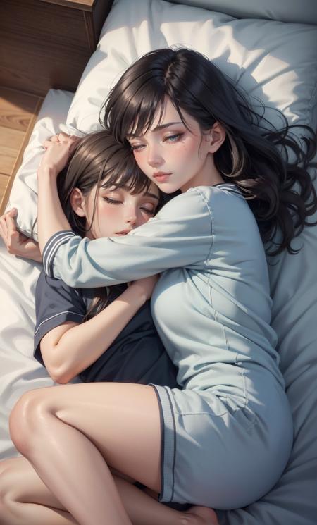 2girls, 2teens, front, lying on bed, looking from above, sleeping, pajama, full body, hugging,, photorealistic, octane render, best quality, looking at viewer, looking down, sharp focus, (8k), (4k), (Masterpiece), (Best Quality), (realistic skin texture), extremely detailed, intricate, hyper detailed, , illustration, soft lighting, , high resolution, sharp detail, blush