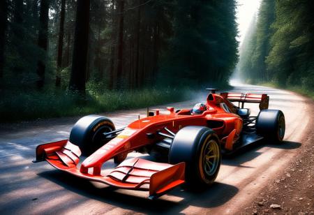 32k HDR Colorfull photorealistic , Ferrari red F1 car, digital painting, goo fast in dirty forest road, backgrund tree, Canon eos r3 , canon fish eye lens, masterpiece, award winning photo