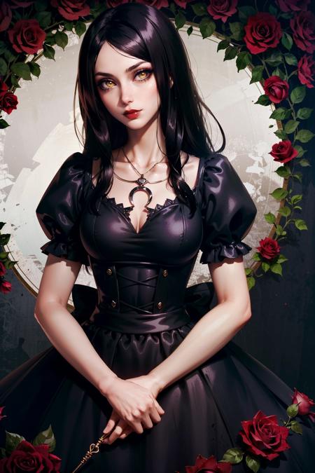 (masterpiece, highres, best quality:1.2)
 <lora:AliceMadness:0.8>
AliceMadness, 1girl, solo, long hair, looking at viewer, black hair, hair ornament, dress, bow, jewelry, yellow eyes, flower, short sleeves, puffy sleeves, hair flower, necklace, black dress, makeup, rose, lipstick