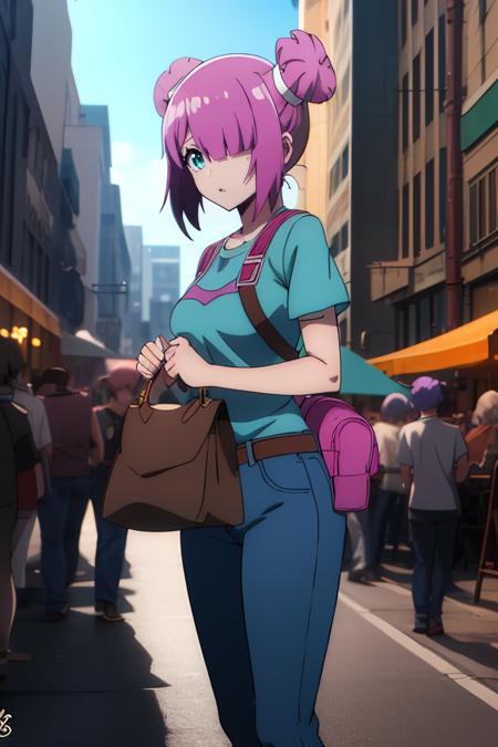  laura sati, 1girl, short_hair, pink_hair, hair_over_one_eye, blue_eyes, purple_hair, hair_bun, twintails, solo,