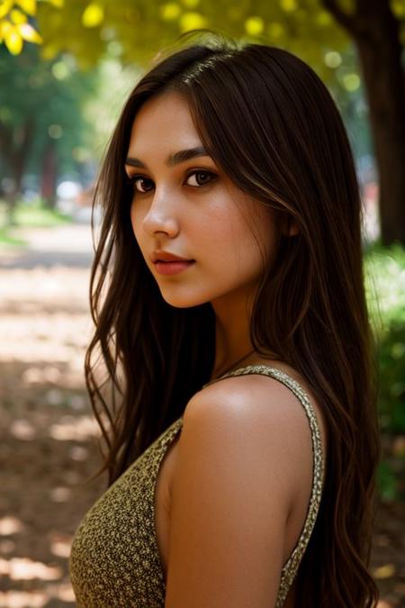 1girl, blurry, blurry background, brown eyes, brown hair, dappled sunlight, day, depth of field, from side, leaf, lips, long hair, looking at viewer, messy hair, nose, outdoors, parted lips, realistic, solo, sunlight, upper bodybz, sweat drops, 8 k, by ilya kuvshin