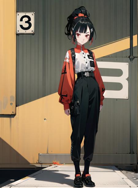 best quality, 4K wallpaper, masterpiece, extremely detailed CG unity 8k wallpaper, extremely detailed eyes, ultra-detailed, intricate details, 1girl, solo,red eyes, Balenciaga outfit, shirt, hair ornament, trousers, black legwear, shoes, looking at viewer, public, road sign, street park, street, <lora:clothingbrend:0.6>