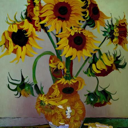 <lora:FG:1>,oil painting,Abstract painting,a painting of a vase with sunflowers in it on a table top with a vase of flowers