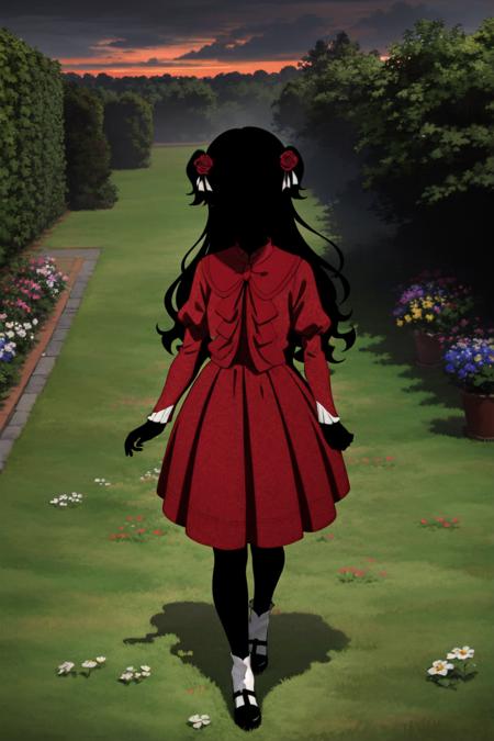 1girl, (masterpiece:1.3), high quality, high detailed, (solo), frilled dress, hair ribbon, (black skin:1.3), hair flower, black hair, long hair, red dress, kate, red sleeves, <lora:kate-08:0.9>, garden, roses, walking, (black face:1.2), (cloudy sky:1.3) <lora:23-3-14-jianying1.1:0.5>