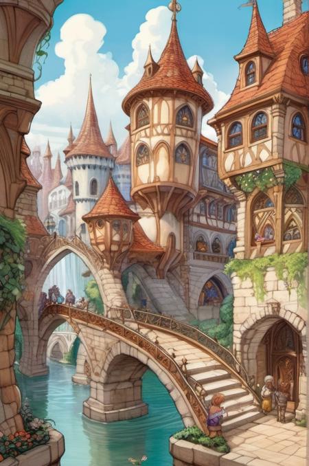 , <lora:Josh Kirby Style:1> Josh Kirby Style page, a grand capital city nestled in the heart of a magical realm inspired by Dungeons and Dragons. The city stands as a testament to both architectural splendor and mystical enchantments. The streets are bustling with life, filled with a diverse array of creatures, both human and fantastical, going about their daily routines. The buildings showcase a harmonious blend of traditional medieval design and whimsical magical enhancements. Ornate bridges span over flowing rivers and canals, connecting various districts of the city. Gardens and parks are interspersed throughout, teeming with vibrant, otherworldly flora and fauna. In the central square, a magnificent fountain serves as a gathering place, its waters sparkling with magical energies.