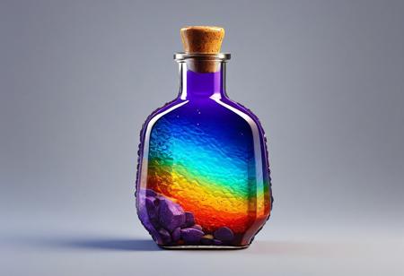 POV, frontal light, Hyper-realistic, detailed, stone design, flat texture, game item, fantasy style, MULTIPLE-colored magic potion in matted glass bottle, centered, multiple view, side and above view, diffuse texture, simple colored background