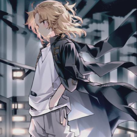 high detailed, 8k, highres, mikey, manjiro_sano, tokyo_revengers, 1boy, solo, male focus, blonde hair, shirt, jacket, hands in pockets, white shirt, pants, looking away, wind, jacket on shoulders, standing