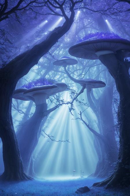 misty enchanted forest, glowing mushrooms scattered on the forest floor, ancient trees with twisting branches, soft blue and purple lighting, gentle fog rays through trees, fantasy magical vibe, high detail forest floor