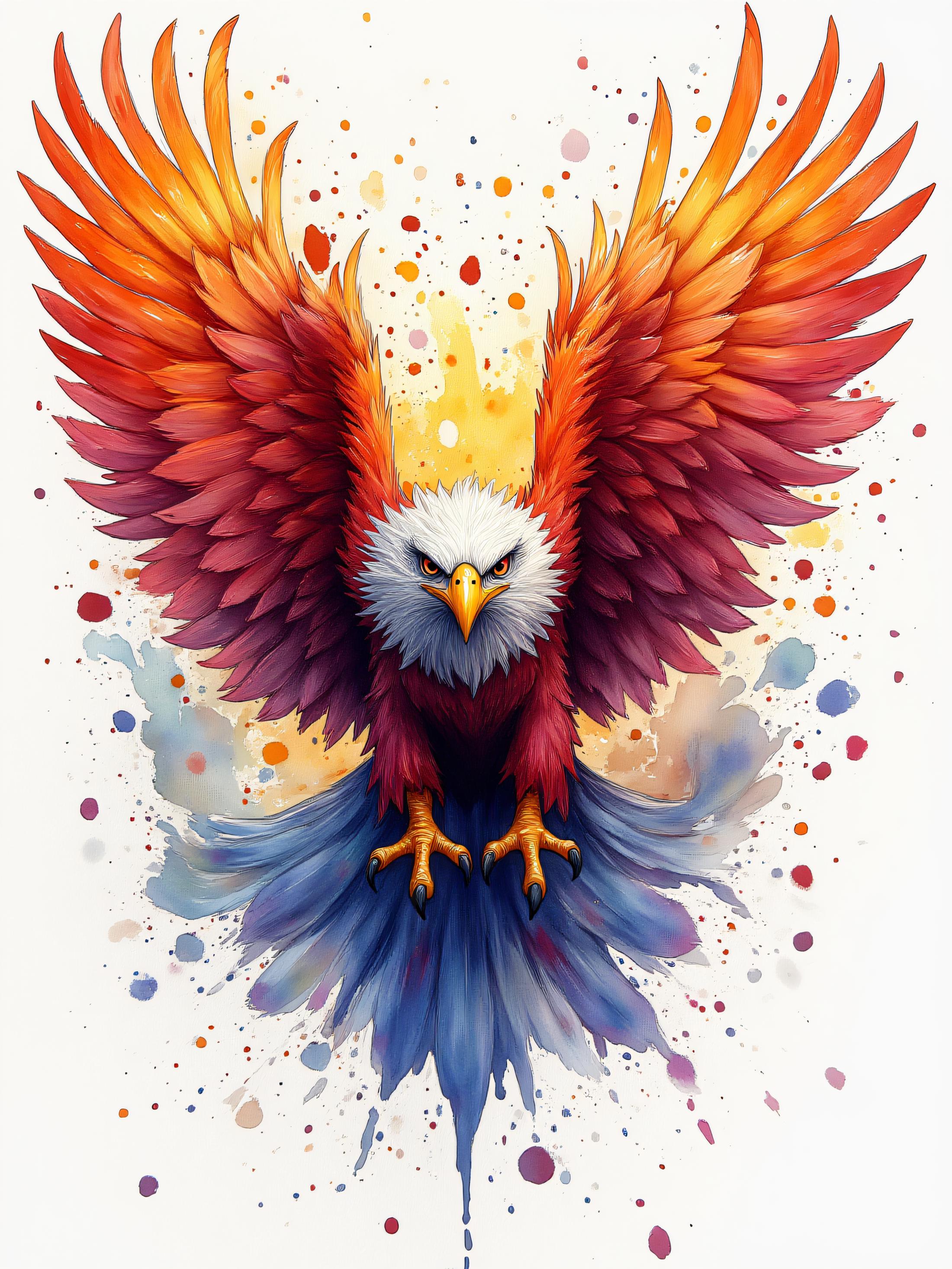 ArsMJStyle, watercolor with vibrant splatter and gradient effects, A majestic eagle in mid-screech, its feathers painted in shades of fiery orange and crimson. The background is filled with bold splashes of color, blending into darker tones that fade outwards, giving the image a powerful and aggressive vibe.