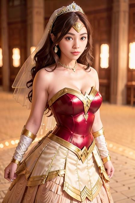 <lora:betterCuteAsian03:0.3>, (wearing wedding princess dress, big wedding skirt:1.2),(wearing wonder_woman_cosplay_outfit:1.2), sunset,
good hand,4k, high-res, masterpiece, best quality, head:1.3,((Hasselblad photography)), finely detailed skin, sharp focus, (cinematic lighting), night, soft lighting, dynamic angle, [:(detailed face:1.2):0.2], medium breasts, outside,   <lyco:wonder_woman_wedding_dress09:0.35>