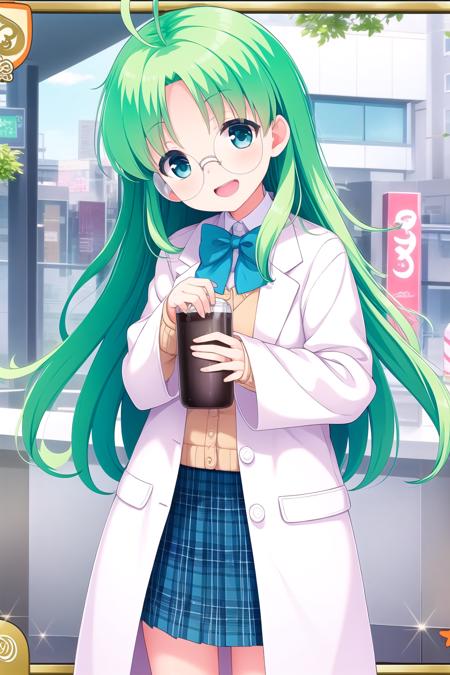 (masterpiece, best quality), highly detailed background, perfect lightingbest quality, yukawakise, solo, green hair, ahoge, long hair, glasses, coke-bottle glasses, opaque glasses, round eyewear, cardigan, labcoat, sleeves past wrists, white shirt, blue bowtie, blue skirt, plaid skirt, school uniform, smile, open mouth, pink lips, <lora:Yukawa-Kise:0.7>