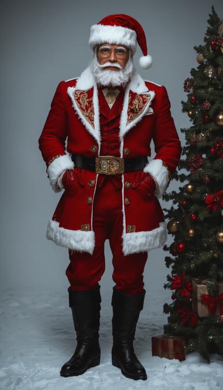 Realistic image reimagines a tall Santa Claus with a fashionable Victorian aesthetic. He dons an elegantly tailored deep red frock coat with intricate gold embroidery, a luxurious fur-lined collar, and polished leather boots. His fancy moustache is carefully groomed, paired with round, vintage spectacles. A velvet waistcoat and pocket watch add a refined touch, while snowy flakes swirl around him, enhancing the nostalgic yet stylish, aristocratic vibe. His confident, dignified pose exudes timeless charm, vantablack
