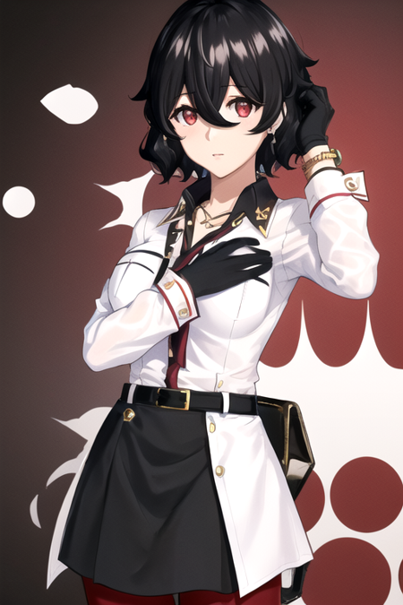 KarenAmamiya, 1girl, solo, short hair, black skirt, white shirt, black hair, red eyes, black gloves, long sleeves, hair between eyes, jewelry, red pantyhose, collared shirt, belt, bracelet, single glove, breast pocket