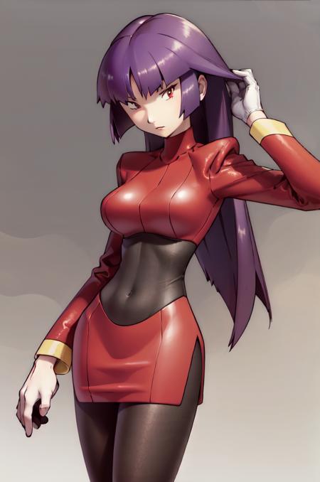 (masterpiece, best quality:1.2), 1girl, solo, sabrina, pokemon, long hair, purple hair, blunt bangs, red eyes, red sweater dress,(white gloves:1.2), black sash, (black leggings:1.1), (bodysuit:1.1), pantyhose, large breasts, knee boots, simple background <lora:SABRINA-15:0.9> <lora:kenSugimori1990sClassic_v12:0.8>