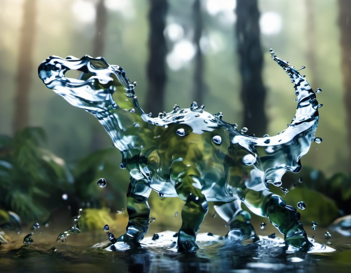 Water droplets on a dinosaur sculpture in a forest.