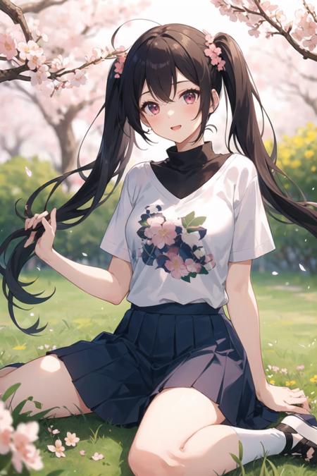 1girl, casual clothes, t-shirt, skirt, twintails, long hair, outdoors, sakura flowers, grass, wariza,  pointing at