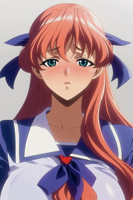 Simple White Background,
Blue shirt,Blue sailor collar,Blue school uniform, serafuku,pleated skirt, collarbone,Red_bowtie,
<lora:Harumi_Mikimoto_Seifuku_Virgin-KK77-V1:0.85>,
red hair ,green eyes,Long_hair,Yellow_bow on head,
<lora:Oda_Non_Style-KK77-V2:0.3>,<lora:more_details:0.1>,
1 girl, 20yo,Young female,Beautiful Finger,Beautiful long legs,Beautiful body,Beautiful Nose,Beautiful character design, perfect eyes, perfect face,expressive eyes,perfect balance,
looking at viewer,(Focus on her face),closed mouth, (innocent_big_eyes:1.0),(Light_Smile:0.3),
official art,extremely detailed CG unity 8k wallpaper, perfect lighting,Colorful, Bright_Front_face_Lighting,White skin,
(masterpiece:1.0),(best_quality:1.0), ultra high res,4K,ultra-detailed,
photography, 8K, HDR, highres, absurdres:1.2, Kodak portra 400, film grain, blurry background, bokeh:1.2, lens flare, (vibrant_color:1.2),professional photograph,
(Beautiful,large_Breasts:1.4), (beautiful_face:1.5),(narrow_waist),