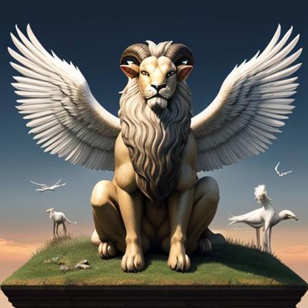 a ram-headed griffin, sheep face, ram horns, lion body, lion legs, eagles wings, seated
