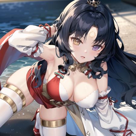 (hyper extreme detailed),(masterpeace),(hyper extreme),(photorealistic),CG,1girl, outdoors,  <lora:Roma:1>,Roma,black hair, long hair, wavy hair, heterochromia, white dress, sleeveless,arm guards,red high heels, thigh strap, PERFECT FACE