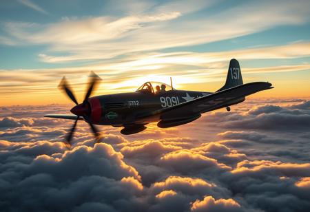 masterpiece, highres, best quality, high quality, highly detailed, upscale, clear image, sharp image, sharp focus, sharp lines, high definition, photograph, Vought F4U Corsair bf-109, flying over clouds, sunset