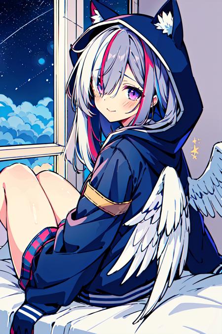 masterpiece, best quality, ultra-detailed, <lora:Oshioshio:0.8>1girl, amane kanata, solo, virtual youtuber, multicolored hair, long hair, wings, hood, blush, angel wings, looking at viewer, lying, blue hair, purple eyes, grey hair, long sleeves, animal hood, colored inner hair, bangs, closed mouth, streaked hair, bed sheet, angel, official alternate hair length, looking back, hood up, socks, jacket, feathered wings, on bed, sleeves past wrists, alternate hairstyle, alternate costume, eyes visible through hair, single hair intake, star (symbol), bare legs, on stomach, hair over one eye, blue jacket