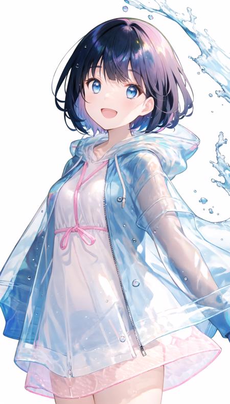 1girl, solo, short hair, open mouth, blue eyes, black hair, smile, 

pink jacket, white dress, long sleeves, dress, open jacket, raincoat, transparent, hooded jacket, transparent raincoat, skirt, see-through

white background, simple background

hood, hood down, water drop, :D, bangs, blue eyes

<lora:fuzichoco-000010:0.8>