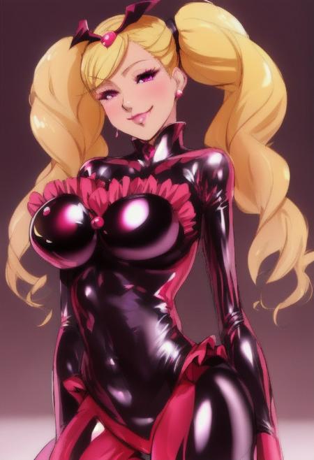 high quality, extremely detailed, perfect face,   <lora:BadEndPrecure:.9>, Bad End Precure, blonde twintails, ((black frilly bodysuit)), (red frills), black winged headband, seductive smirk, glossy latex, large breasts <lora:Ann Takamaki:.6>