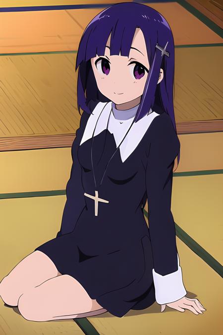 masterpiece, best quality, 1girl, from front, smile, indoors, tatami, sitting, wariza, face focus, 
<lora:zange_kannagi-v4:0.9>, zange \(kannagi\), purple hair, cross hair ornament, zange clothes, black dress, cross necklace, long sleeves,