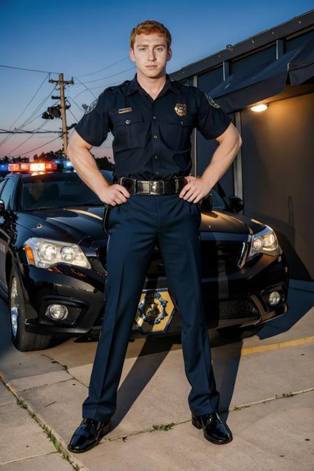 standing next to a police cruiser, ginger hair, ConnorMaguire, black-color, dress shirt, belt, pants, badge, masterpiece, (((full body portrait))) <lora:Clothing - Sexy Police Officer:0.65>  <lora:ConnorMaguire:0.8>