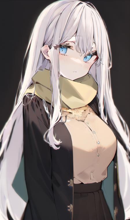 finely detail, Depth of field,best quality, illustration,highres,intricate detail, an extremely delicate and beautiful,
1girl,solo,
,long hair, white hair,disheveled hair,blue eyes, breasts,
(black jacket:1.05),open jacket,
black sleeves,shirt, (yellow shirt:1.2),black skirt,
green scarf,
 <lora:touhouIdeal_Realm_nameless_koishi-_ä¸»è§æ_ä¸æ¹çæ³ä¹¡:1.1>