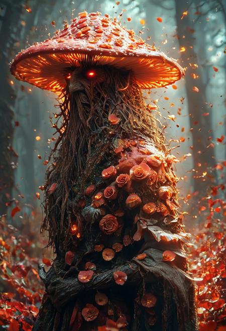 score_9, score_8_up, score_7_up, score_6_up, score_5_up, score_4_up, hknature, masterpiece, best quality, highly detailed, sharp focus, dynamic lighting, majestic look and feel, mesmerizing, artstation, deviant art, subject: a women's face. Subject: a cinematic profile view of the wizard, Radagast the Brown from The Lord of the Rings Book Series, in the woods. Description: the wizard's hat is but a giant mushroom whose pores are glowing mystically. He has a long beard. His wizard's ability to camouflage himself with the nature made him appear to be made of twigs and vines which is covered with rose flower and rose petals. The only thing that giving it all away is his eyes which glowing rhythmically with the mushroom hat. The background is magestic and serene. BREAK Make the whole cinematic frame a slow motion dramatic capture which should give the audience and viewers goosebumps.