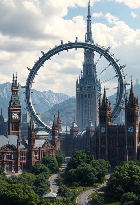 Image is a digital artwork depicting a futuristic cityscape with a massive, circular structure dominating the skyline. The style is highly detailed and realistic, showcasing intricate architectural designs. The circular building is metallic and appears to be a fusion of a traditional clock tower and a space station, with numerous spires and towers extending from its surface. Surrounding the central structure are other tall buildings with clock faces, reminiscent of Gothic architecture, featuring pointed arches and ornate detailing. The city is set against a backdrop of mountains under a partly cloudy sky, creating a dramatic and expansive scene. The foreground includes lush greenery and pathways, suggesting a blend of nature and advanced technology.