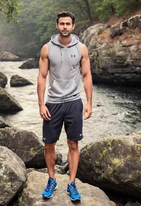 photo of Sacha Baron Cohen a man <lora:freddy-Sacha-Baron-Cohen:1>, wearing a sleeveless well-fitted under armour hoodie and compression shorts, standing on a boulder, outdoor trail, 35mm photograph, film, bokeh, professional, 4k, highly detailed, creek in the background, natural lighting, golden hour