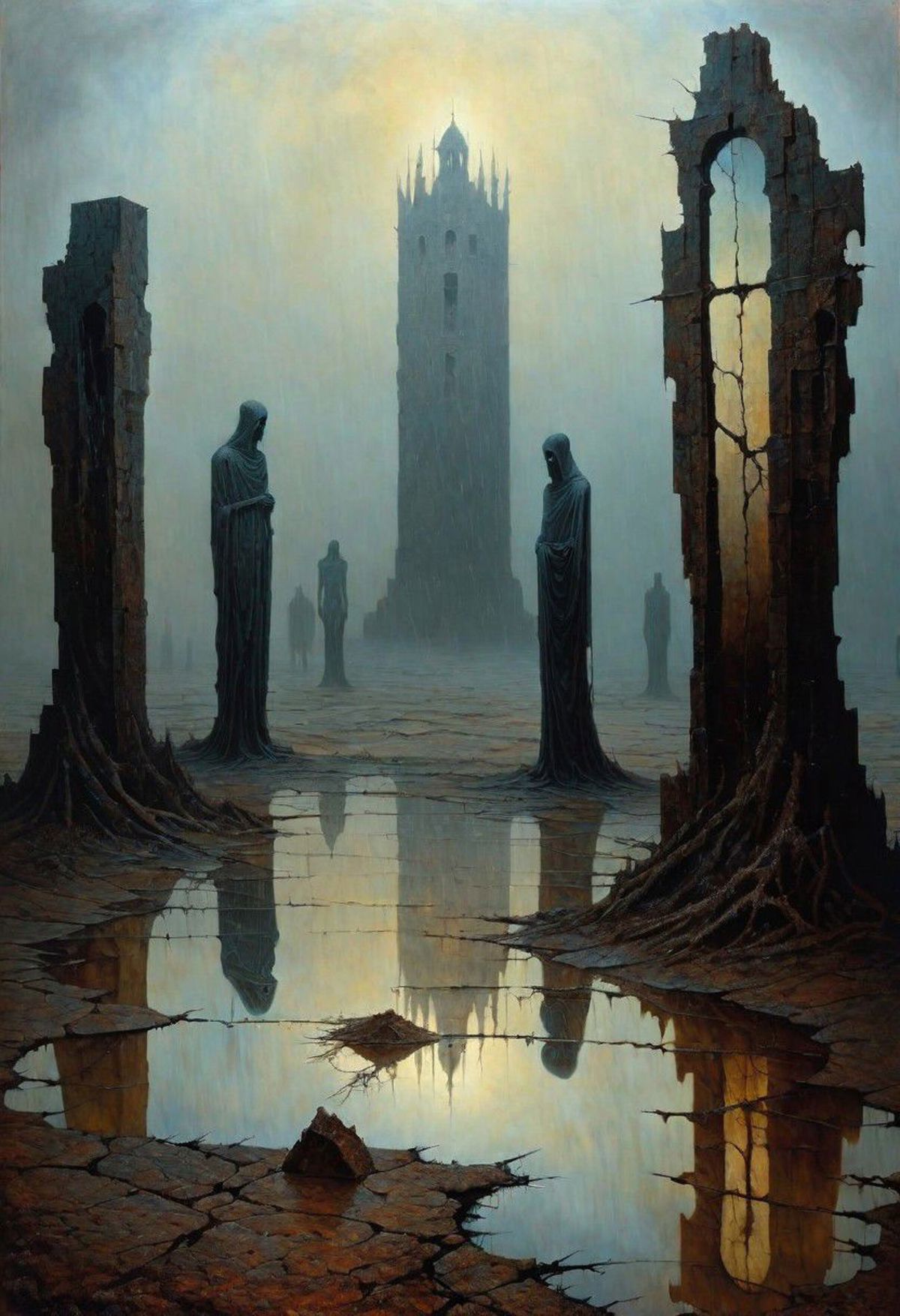 Dark and eerie scene of three statues in a deserted area with a mysterious tower in the background.
