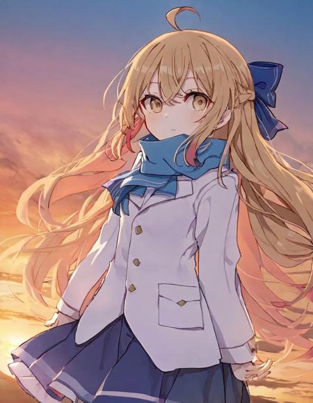 1girl, ahoge, blonde hair, blue ribbon, blue scarf, blue skirt, border, braid, double-parted bangs, gradient sky, hair between eyes, hair ribbon, jacket, looking at viewer, orange sky, pleated skirt, ribbon, scarf, sidelocks, skirt, sky, solo, sunset, white border, white jacket, <lora:Style_-_kame_kamepan44231-000001>