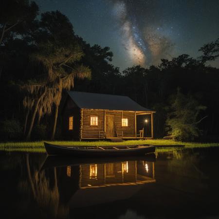 At night, a small row boat lied moored at a dock next to a brightly lit but old cabin that rests on the riverbank in the middle of the bayou