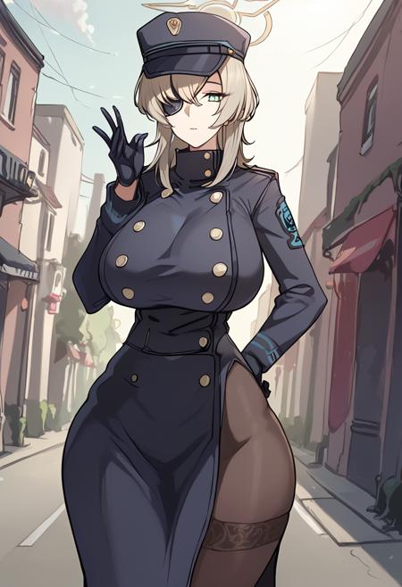 suou_\(blue_archive\) blonde hair, green eyes, yellow halo, black headwear, black gloves, uniform, coat, eyepatch,