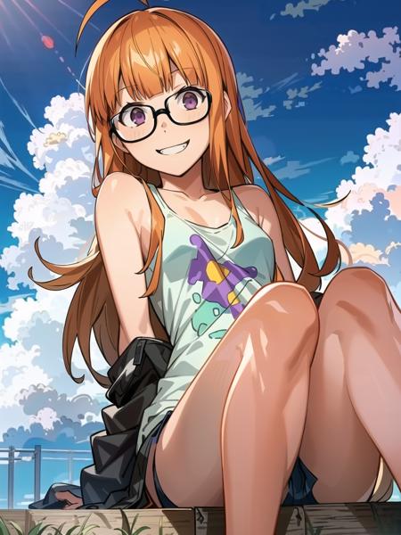 masterpiece, best quality, highres, extremely detailed CG unity 8k wallpaper, realistic shadows,
dsfutaba, orange hair, long hair, blunt bangs, ahoge, glasses, purple eyes, mischievous grin, tank top, jacket, shorts, 1girl, solo, sitting, from below, foreshortening,
clouds, sky, detailed background
<lora:dsfutaba_e4:0.75>